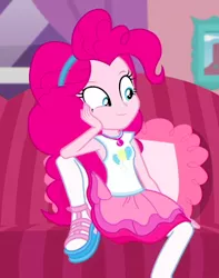 Size: 548x695 | Tagged: safe, derpibooru import, screencap, pinkie pie, equestria girls, equestria girls series, pinkie sitting, clothes, cropped, cute, female, hairband, pantyhose, shoes, skirt, solo