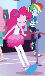 Size: 360x604 | Tagged: safe, derpibooru import, edit, edited screencap, screencap, fluttershy, pinkie pie, rainbow dash, a fine line, equestria girls, equestria girls series, animated, clothes, converse, cropped, cute, hairband, loop, pantyhose, reversed, shoes, skirt, sneakers