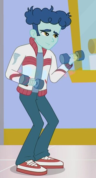 Size: 586x1080 | Tagged: safe, derpibooru import, screencap, curly winds, some blue guy, a fine line, equestria girls, equestria girls series, background human, clothes, cropped, jacket, male, pants, shoes, smiling, sneakers, weights