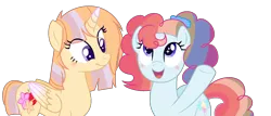 Size: 1490x636 | Tagged: safe, artist:samanrakia, derpibooru import, oc, oc:applelil, oc:lollipop cream, unofficial characters only, alicorn, earth pony, pony, base used, female, magical lesbian spawn, mare, offspring, parent:applejack, parent:pinkie pie, parent:rainbow dash, parent:twilight sparkle, parents:pinkiedash, parents:twijack, simple background, starry eyes, transparent background, wingding eyes