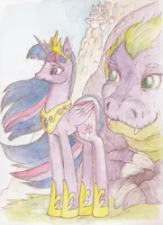 Size: 709x980 | Tagged: safe, artist:daisymane, derpibooru import, spike, twilight sparkle, twilight sparkle (alicorn), alicorn, dragon, pony, canterlot, crown, female, jewelry, mare, older, older spike, older twilight, regalia, smiling, traditional art