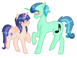 Size: 2224x1676 | Tagged: safe, artist:cindydreamlight, derpibooru import, oc, oc:song note, oc:star sparkle, unofficial characters only, alicorn, unicorn, female, magical lesbian spawn, male, mare, oc x oc, offspring, offspring shipping, parent:bon bon, parent:flash sentry, parent:lyra heartstrings, parent:twilight sparkle, parents:flashlight, parents:lyrabon, shipping, simple background, stallion, straight, transparent background