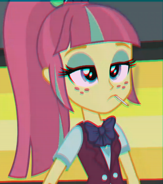 Size: 609x687 | Tagged: safe, derpibooru import, edit, edited screencap, screencap, sour sweet, equestria girls, bloodshot eyes, cigarette, drugs, high, joint, marijuana, meh, pink eyes, smoking, vaporwave