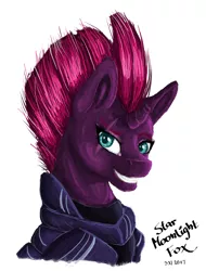 Size: 1024x1348 | Tagged: safe, artist:starmoonlightfox, derpibooru import, tempest shadow, pony, my little pony: the movie, broken horn, eye scar, female, mare, scar, simple background, smiling, solo