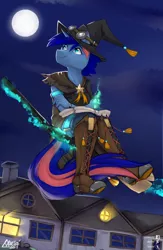 Size: 1500x2300 | Tagged: anthro, artist:varllai, broom, clothes, commission, derpibooru import, flying, flying broomstick, halloween, hat, holiday, moon, night, oc, oc:ryo, plantigrade anthro, safe, stars, town, unofficial characters only, witch, witch hat, ych result