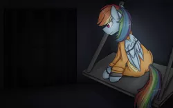 Size: 1024x642 | Tagged: artist:starsketchmeh, bound wings, cell, chains, clothes, cuffs, derpibooru import, jail, prison, prisoner rd, prison outfit, rainbow dash, safe, shackles