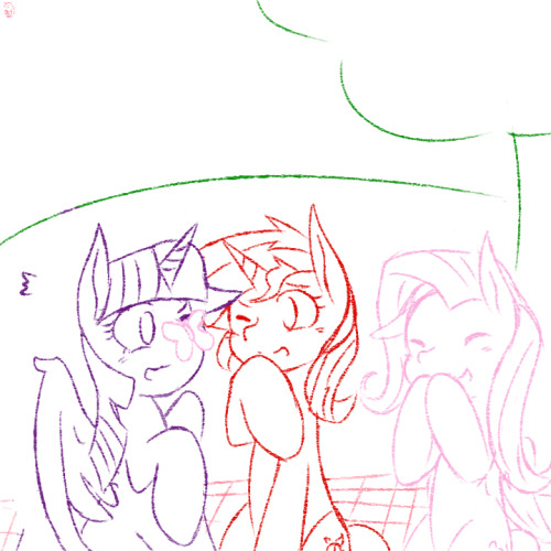 Size: 500x500 | Tagged: safe, artist:aka-ryuga, derpibooru import, fluttershy, sunset shimmer, twilight sparkle, twilight sparkle (alicorn), alicorn, butterfly, butterfly on nose, cute, eyes closed, female, insect on nose, laughing, lesbian, lineart, one eye closed, picnic, shipping, sunsetsparkle, twiabetes