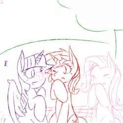 Size: 500x500 | Tagged: safe, artist:aka-ryuga, derpibooru import, fluttershy, sunset shimmer, twilight sparkle, twilight sparkle (alicorn), alicorn, butterfly, butterfly on nose, cute, eyes closed, female, insect on nose, laughing, lesbian, lineart, one eye closed, picnic, shipping, sunsetsparkle, twiabetes