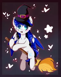 Size: 2000x2500 | Tagged: safe, artist:nyanxleb, derpibooru import, oc, oc:black ice, unofficial characters only, pegasus, pony, blushing, broom, chest fluff, colored wings, cute, ear fluff, halloween, hat, heart, holiday, multicolored wings, open mouth, simple background, stars, witch hat