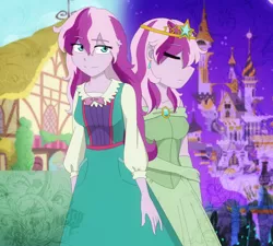 Size: 1574x1419 | Tagged: artist:fantasygerard2000, canterlot, clothes, crown, derpibooru import, dress, ear piercing, earring, eyes closed, g3, g3 to g4, generation leap, human, humanized, jewelry, piercing, pony coloring, ponyville, regalia, safe, smiling, solo, wysteria