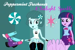 Size: 900x600 | Tagged: suggestive, artist:dwayneflyer, artist:maze1000, derpibooru import, twilight sparkle, oc, oc:peppermint freshener, equestria girls, barefoot, boots, canon x oc, clothes, duo, duo female, feet, female, fetish, foot fetish, looking at you, shoes, socks, soles, toeless socks