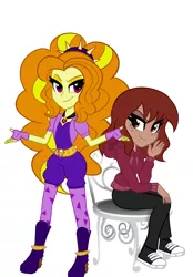 Size: 1024x1472 | Tagged: safe, artist:wubcakeva, derpibooru import, adagio dazzle, oc, equestria girls, rainbow rocks, boots, clothes, converse, equestria girls-ified, fingerless gloves, gem, gloves, high heel boots, hoodie, looking at you, shoes, simple background, siren gem, sitting, smiling, sneakers, sweater