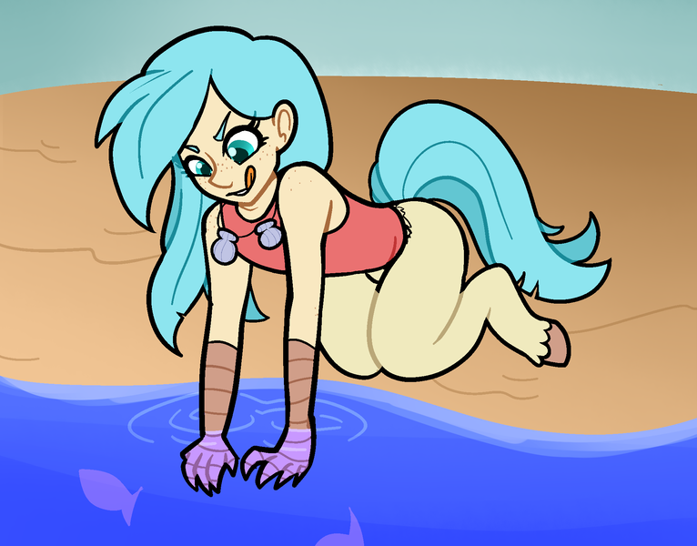 Size: 1947x1525 | Tagged: safe, alternate version, anonymous editor, artist:/d/non, derpibooru import, edit, oc, oc:rusalka, unofficial characters only, fish, satyr, my little pony: the movie, beach, bottomless, claws, clothes, female, hooves, image, offspring, parent:princess skystar, partial nudity, png, shells, shorts, solo, water