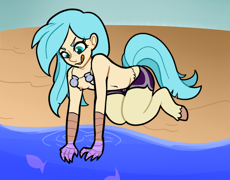 Size: 1947x1525 | Tagged: questionable, alternate version, anonymous editor, artist:/d/non, derpibooru import, edit, oc, oc:rusalka, unofficial characters only, fish, satyr, my little pony: the movie, beach, bottomless, breasts, casual nudity, claws, clothes, female, hooves, image, nipples, nudity, offspring, parent:princess skystar, partial nudity, partial nudity edit, png, shells, shorts, solo, solo female, topless, water