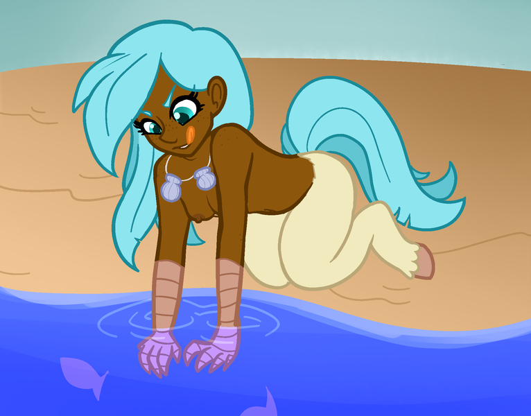 Size: 1947x1525 | Tagged: questionable, alternate version, anonymous editor, artist:/d/non, derpibooru import, edit, edited edit, editor:gimpanon, oc, oc:rusalka, unofficial characters only, fish, satyr, my little pony: the movie, 4chan, beach, blackwashing, breasts, casual nudity, claws, clothes, complete nudity, dark skin, female, hooves, nipples, nude edit, nudity, offspring, parent:princess skystar, png, shells, shorts, skin color edit, solo, solo female, /trash/, water