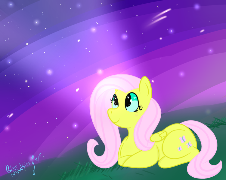 Size: 900x719 | Tagged: safe, artist:queenbluestar, derpibooru import, fluttershy, pegasus, pony, folded wings, huevember, looking up, night, prone, shooting star, smiling, solo, stargazing