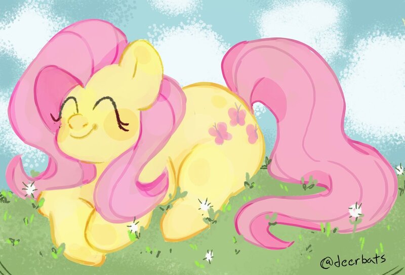 Size: 1024x696 | Tagged: safe, artist:deerbats, derpibooru import, fluttershy, pegasus, pony, cute, eyes closed, grass, happy, prone, shyabetes, smiling, solo, wingless