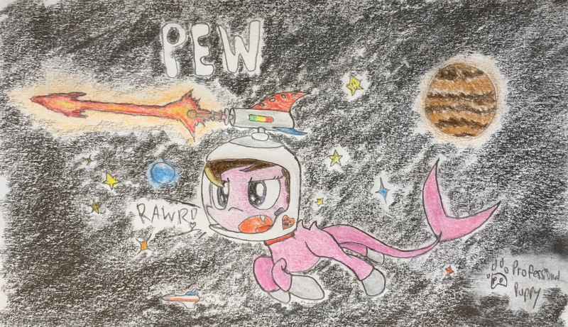 Size: 3649x2103 | Tagged: artist:professionalpuppy, cute, derpibooru import, laser, oc, oc:ashee, original species, safe, shark pony, solo, space, spacesuit, traditional art, unofficial characters only