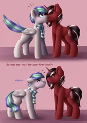 Size: 1756x2500 | Tagged: safe, artist:spirit-dude, derpibooru import, oc, oc:phantom, oc:storm feather, unofficial characters only, pegasus, pony, unicorn, blushing, clothes, comic, commission, gay, kissing, male, oc x oc, red and black oc, scarf, shipping, smiling, stallion, surprise kiss, surprised, tongue out