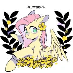 Size: 1024x1024 | Tagged: safe, artist:snowillusory, derpibooru import, fluttershy, pegasus, pony, bust, flower, flower in hair, looking at you, looking sideways, name, portrait, raised hoof, solo, spread wings, wings