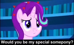 Size: 1600x973 | Tagged: safe, derpibooru import, edit, edited screencap, screencap, starlight glimmer, unicorn, uncommon bond, bronybait, caption, cs captions, female, heart, library, mare, special somepony