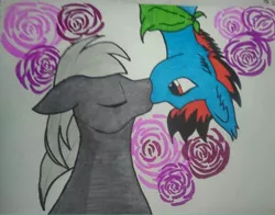 Size: 2048x1606 | Tagged: safe, derpibooru import, oc, oc:blue pixel, oc:silverlining, unofficial characters only, bat pony, bandana, eyes closed, flower, gay, hanging, kissing, male