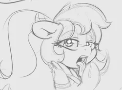 Size: 882x651 | Tagged: suggestive, artist:tre, derpibooru import, oc, oc:marshmallow, unofficial characters only, bedroom eyes, clothes, female, grayscale, licking, looking at you, monochrome, ponytail, simple background, sketch, solo, solo female, tongue out