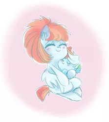 Size: 716x801 | Tagged: safe, artist:pinkablue, derpibooru import, rainbow dash, windy whistles, pegasus, pony, baby, baby dash, baby pony, blushing, carrying, cute, dashabetes, duo, ear fluff, eyes closed, female, filly, filly rainbow dash, gradient background, hnnng, mother and daughter, smiling, windybetes, younger