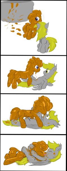 Size: 3416x8620 | Tagged: safe, artist:pzkratzer, derpibooru import, derpy hooves, ditzy doo, doctor whooves, time turner, pegasus, pony, butt, chocolate, chocolate bath, comic, container, doctorderpy, female, food, kissing, male, mare, messy, plot, shipping, straight, wet and messy