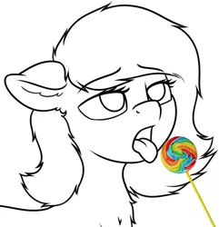 Size: 839x871 | Tagged: suggestive, artist:smoldix, derpibooru import, edit, oc, oc:anonfilly, unofficial characters only, bedroom eyes, candy, chest fluff, ear fluff, eyelashes, female, filly, food, lollipop, monochrome, no pupils, open mouth, simple background, solo, solo female, white background