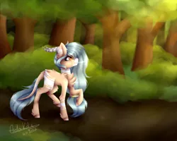 Size: 1024x819 | Tagged: safe, artist:adakola, deleted from derpibooru, derpibooru import, oc, oc:forest keeper, unofficial characters only, earth pony, pony, female, forest, horns, mare, solo, walking