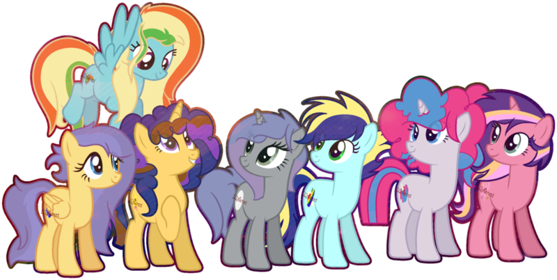 Size: 1024x515 | Tagged: safe, artist:fragrance-mlpng, derpibooru import, oc, oc:broken armor, oc:cotton fluff, oc:crystal clear, oc:magical smile, oc:sparkle, oc:twisty wind, oc:zappy apple, unofficial characters only, earth pony, pegasus, pony, unicorn, female, mare, offspring, parent:applejack, parent:big macintosh, parent:cheese sandwich, parent:flash sentry, parent:fluttershy, parent:party favor, parent:pinkie pie, parent:rainbow dash, parent:rarity, parent:soarin', parent:starlight glimmer, parent:thunderlane, parent:twilight sparkle, parent:zephyr breeze, parents:cheeselight, parents:flutterflash, parents:glimmermac, parents:partypie, parents:rarilane, parents:soarinjack, parents:zephdash, simple background, transparent background