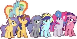 Size: 1024x515 | Tagged: safe, artist:fragrance-mlpng, derpibooru import, oc, oc:broken armor, oc:cotton fluff, oc:crystal clear, oc:magical smile, oc:sparkle, oc:twisty wind, oc:zappy apple, unofficial characters only, earth pony, pegasus, pony, unicorn, female, mare, offspring, parent:applejack, parent:big macintosh, parent:cheese sandwich, parent:flash sentry, parent:fluttershy, parent:party favor, parent:pinkie pie, parent:rainbow dash, parent:rarity, parent:soarin', parent:starlight glimmer, parent:thunderlane, parent:twilight sparkle, parent:zephyr breeze, parents:cheeselight, parents:flutterflash, parents:glimmermac, parents:partypie, parents:rarilane, parents:soarinjack, parents:zephdash, simple background, transparent background