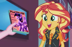 Size: 1415x940 | Tagged: suggestive, derpibooru import, edit, edited screencap, screencap, pinkie pie, sunset shimmer, twilight sparkle, alicorn, a fine line, equestria girls, equestria girls series, bedroom eyes, cropped, cute, female, implied lesbian, implied shipping, implied sunsetsparkle, mare, offscreen character, playboy, playpony, plot, shimmerbetes, tirek's revenge, twibutt