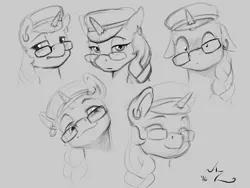 Size: 800x600 | Tagged: safe, artist:amarynceus, deleted from derpibooru, derpibooru import, oc, oc:amarynceus, unofficial characters only, pony, unicorn, braid, bust, ear piercing, earring, expressions, female, glasses, grayscale, hat, jewelry, mare, monochrome, piercing, portrait, sketch, solo
