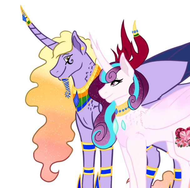 Size: 1024x1012 | Tagged: safe, artist:asgardian-mischief, derpibooru import, oc, oc:abubakar, oc:rose heart, unofficial characters only, alicorn, changepony, hybrid, pony, egyptian, female, male, oc x oc, offspring, offspring shipping, parent:princess flurry heart, parent:thorax, parents:flurrax, shipping, simple background, straight, transparent background