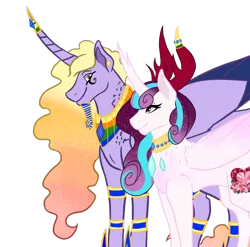 Size: 1024x1012 | Tagged: safe, artist:asgardian-mischief, derpibooru import, oc, oc:abubakar, oc:rose heart, unofficial characters only, alicorn, changepony, hybrid, pony, egyptian, female, male, oc x oc, offspring, offspring shipping, parent:princess flurry heart, parent:thorax, parents:flurrax, shipping, simple background, straight, transparent background