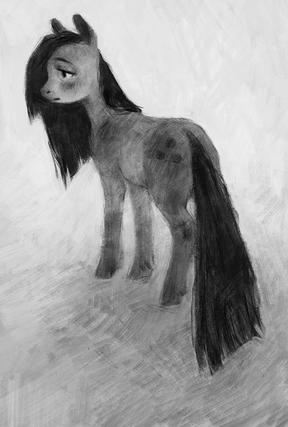 Size: 580x860 | Tagged: safe, artist:exclusionzone, derpibooru import, marble pie, earth pony, pony, female, grayscale, lidded eyes, looking away, mare, monochrome, sad, solo, standing