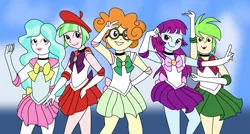 Size: 3264x1748 | Tagged: safe, artist:berrypunchrules, derpibooru import, cherry crash, drama letter, mystery mint, paisley, scribble dee, watermelody, a queen of clubs, equestria girls, equestria girls series, anime, background human, clothes, cosplay, costume, glasses, looking at you, sailor jupiter, sailor mars, sailor mercury, sailor moon, sailor venus, smiling