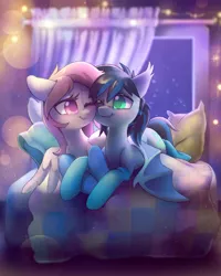 Size: 2749x3436 | Tagged: safe, artist:dawnfire, derpibooru import, oc, oc:midnight aegis, oc:peach hack, unofficial characters only, bat pony, pegasus, pony, bat pony oc, bedroom, clothes, couple, cuddling, cute, female, male, mare, oc x oc, peagis, shipping, socks, straight