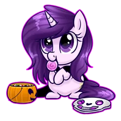 Size: 1024x1027 | Tagged: safe, artist:whitehershey, derpibooru import, oc, oc:melody beat, unofficial characters only, pony, unicorn, candy, female, food, halloween, holiday, mare, simple background, solo, transparent background