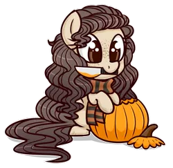 Size: 1024x995 | Tagged: safe, artist:whitehershey, derpibooru import, oc, oc:lumina, unofficial characters only, pony, clothes, female, halloween, holiday, knife, mare, mouth hold, pumpkin, pumpkin carving, scarf, simple background, solo, transparent background