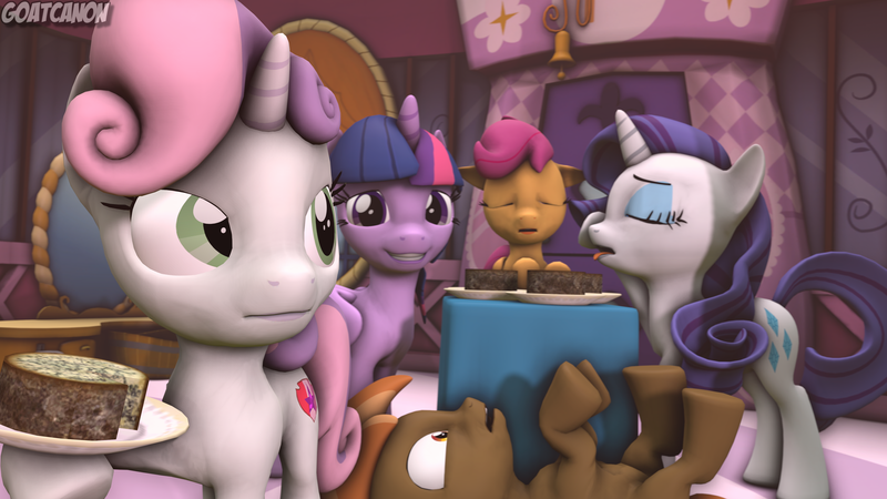 Size: 3840x2160 | Tagged: 3d, alicorn, artist:goatcanon, button mash, carousel boutique, cheese, commission, cooking, derpibooru import, eyes closed, food, grin, playing dead, rarity, safe, scootaloo, smiling, source filmmaker, sweetie belle, twilight sparkle, twilight sparkle (alicorn)