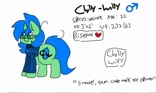 Size: 512x308 | Tagged: safe, artist:chillywilly, derpibooru import, oc, oc:chilly willy, unofficial characters only, unicorn, clothes, gem, jewel, jewelry, necklace, reference sheet, sweater