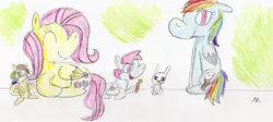 Size: 1346x604 | Tagged: safe, artist:ptitemouette, derpibooru import, angel bunny, fluttershy, rainbow dash, oc, oc:butterfly, oc:rainbow peace, family, female, flutterdash, lesbian, magical lesbian spawn, next generation, offspring, parent:fluttershy, parent:rainbow dash, parents:flutterdash, shipping