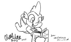 Size: 2453x1447 | Tagged: safe, artist:chiptunebrony, derpibooru import, scorpan, spike, dragon, 30 minute art challenge, black and white, book, boulder, cursive writing, cute, grayscale, handwritten text, ink, looking down, lying, monochrome, open mouth, reading, rock, signature, smiling, spikabetes, title