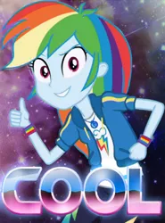 Size: 325x440 | Tagged: safe, derpibooru import, rainbow dash, a queen of clubs, equestria girls, equestria girls series, cool, female, looking at you, pose, reaction image, retrowave, smiling, solo, synthwave, thumbs up