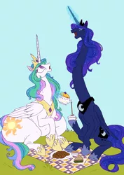 Size: 2480x3507 | Tagged: safe, artist:mellowhen, derpibooru import, princess celestia, princess luna, alicorn, pony, blue background, cookie, cup, eye contact, female, food, grass, hoof hold, impossibly long neck, levitation, lidded eyes, long neck, looking at each other, looking up, magic, mare, necc, neck, open mouth, picnic, pouring, princess luneck, sandwich, sibling rivalry, simple background, sitting, smiling, smirk, sunbutt, surprised, tea, teacup, teapot, telekinesis, the ass was fat, wat, wide eyes