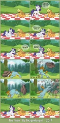 Size: 1600x3261 | Tagged: safe, artist:dragonfoxgirl, derpibooru import, applejack, rarity, rockhoof, earth pony, pony, unicorn, shadow play, beard, bedroom eyes, blushing, bucking, comic, drink, facial hair, female, male, mare, picnic blanket, rock, stallion, strength, super strength, thirsty, voyeurism