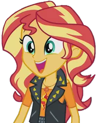 Size: 733x923 | Tagged: safe, artist:fella, derpibooru import, sunset shimmer, a fine line, equestria girls, equestria girls series, clothes, cute, female, geode of empathy, happy, leather vest, magical geodes, open mouth, pendant, shimmerbetes, simple background, smiling, solo, transparent background, vest